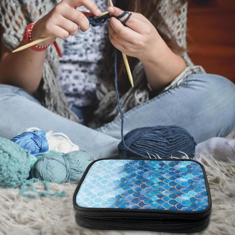Hechitok Mermaid Scales Blue Crochet Hooks Case Zipper Bags Portable Crochet Storage Bag with Web Pocket and Crochet Holder Slots for Carrying Various Crochets Needles - Image 2